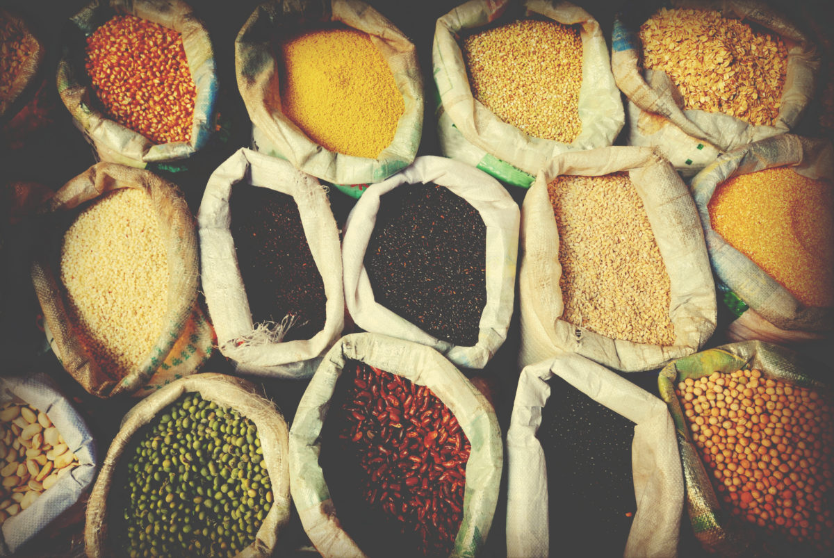 Assortment of grains and pulses in open commodity sacks
